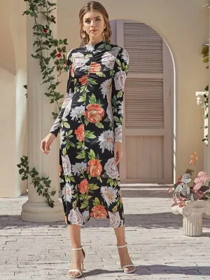 CM-DS121909 Women Elegant Seoul Style Long Sleeve Mock Neck Ruched Front Floral Dress