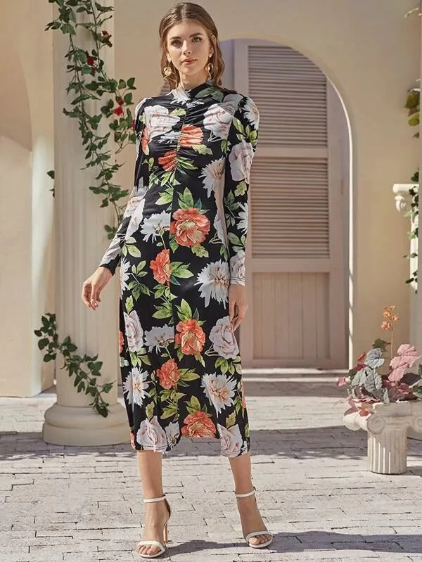 CM-DS121909 Women Elegant Seoul Style Long Sleeve Mock Neck Ruched Front Floral Dress