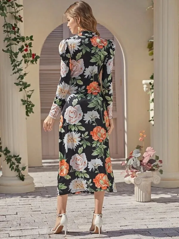 CM-DS121909 Women Elegant Seoul Style Long Sleeve Mock Neck Ruched Front Floral Dress
