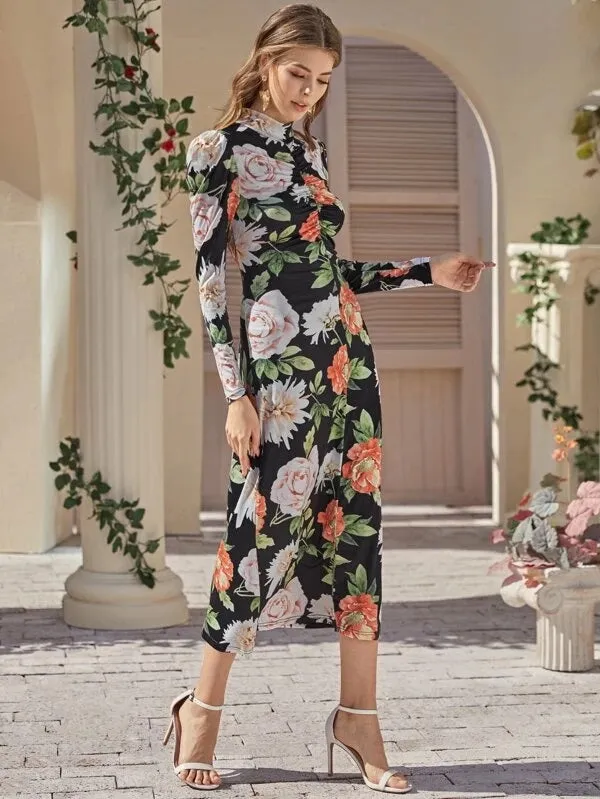 CM-DS121909 Women Elegant Seoul Style Long Sleeve Mock Neck Ruched Front Floral Dress