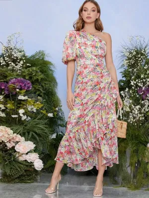 CM-DS124463 Women Elegant Seoul Style One Shoulder Puff Sleeve Asymmetrical Ruffle Hem Floral Dress