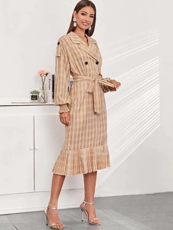 CM-DS126590 Women Elegant European Style Notched Collar Ruffle Hem Plaid Belted Dress