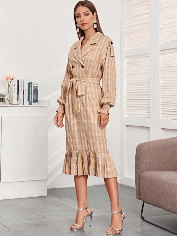 CM-DS126590 Women Elegant European Style Notched Collar Ruffle Hem Plaid Belted Dress
