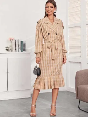 CM-DS126590 Women Elegant European Style Notched Collar Ruffle Hem Plaid Belted Dress