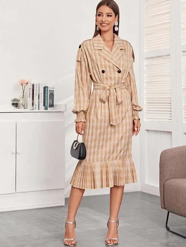 CM-DS126590 Women Elegant European Style Notched Collar Ruffle Hem Plaid Belted Dress