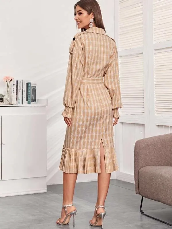 CM-DS126590 Women Elegant European Style Notched Collar Ruffle Hem Plaid Belted Dress
