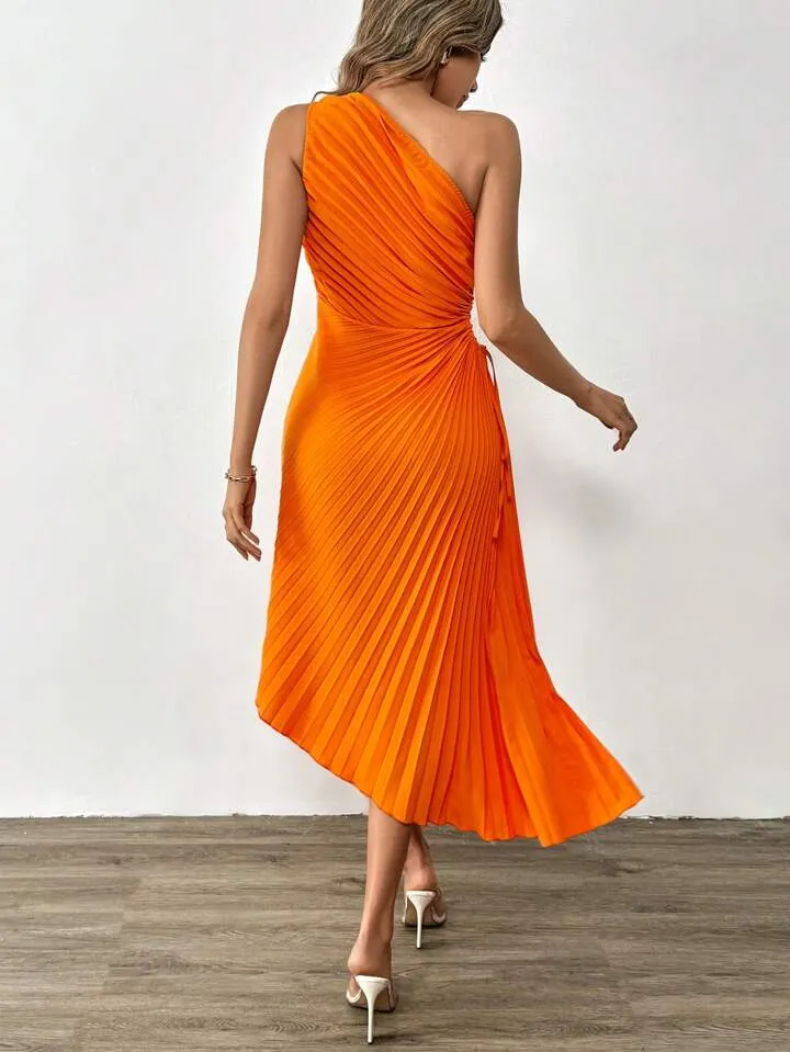 CM-DS166284 Women Elegant Seoul Style One Shoulder Cut Out Waist Pleated Asymmetrical Hem Dress