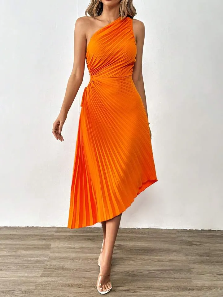 CM-DS166284 Women Elegant Seoul Style One Shoulder Cut Out Waist Pleated Asymmetrical Hem Dress