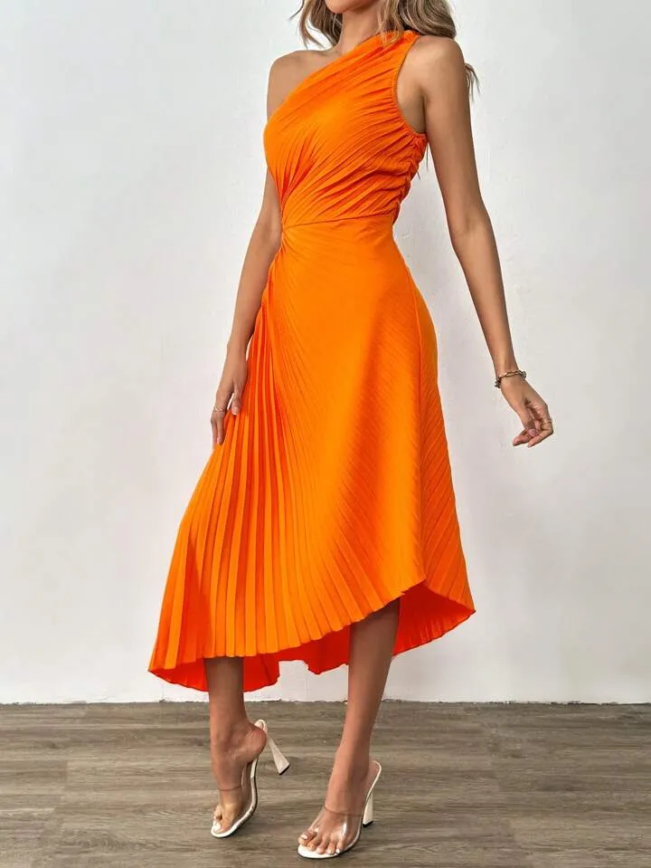 CM-DS166284 Women Elegant Seoul Style One Shoulder Cut Out Waist Pleated Asymmetrical Hem Dress