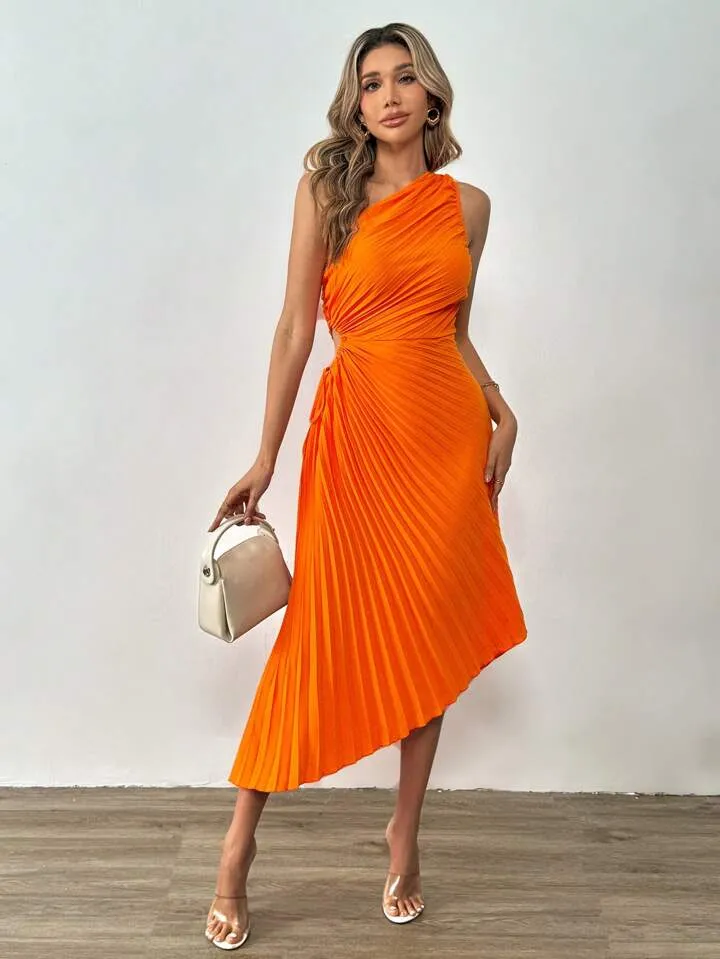 CM-DS166284 Women Elegant Seoul Style One Shoulder Cut Out Waist Pleated Asymmetrical Hem Dress