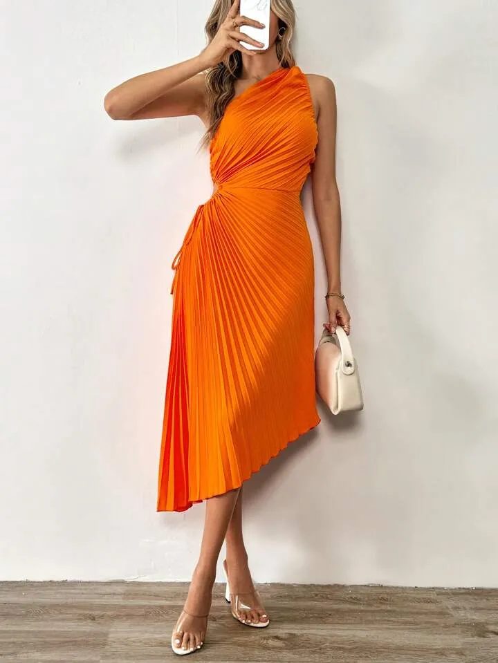 CM-DS166284 Women Elegant Seoul Style One Shoulder Cut Out Waist Pleated Asymmetrical Hem Dress