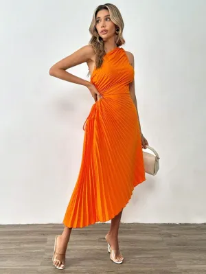 CM-DS166284 Women Elegant Seoul Style One Shoulder Cut Out Waist Pleated Asymmetrical Hem Dress
