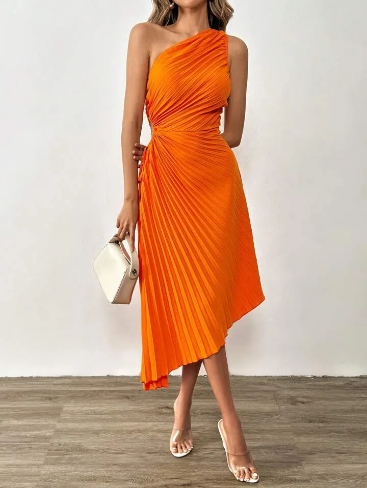 CM-DS166284 Women Elegant Seoul Style One Shoulder Cut Out Waist Pleated Asymmetrical Hem Dress