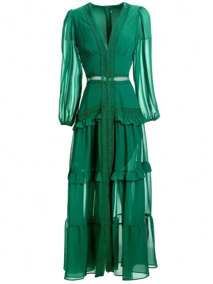 CM-DS217609 Women Elegant Seoul Style V-Neck Lantern Sleeve Hollow Out Ruffle Maxi Dress - Green