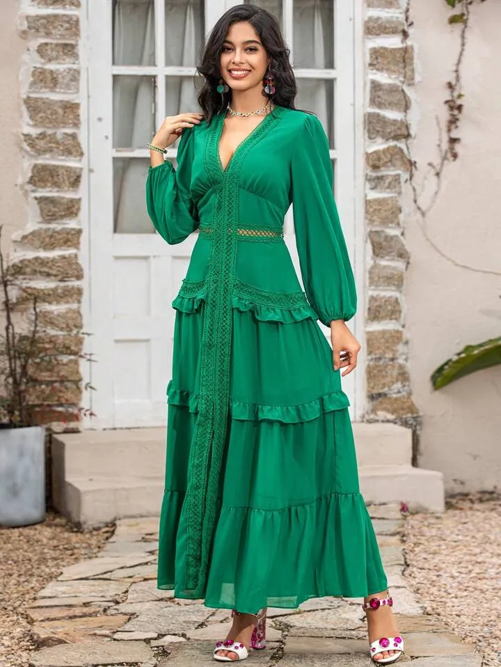 CM-DS217609 Women Elegant Seoul Style V-Neck Lantern Sleeve Hollow Out Ruffle Maxi Dress - Green