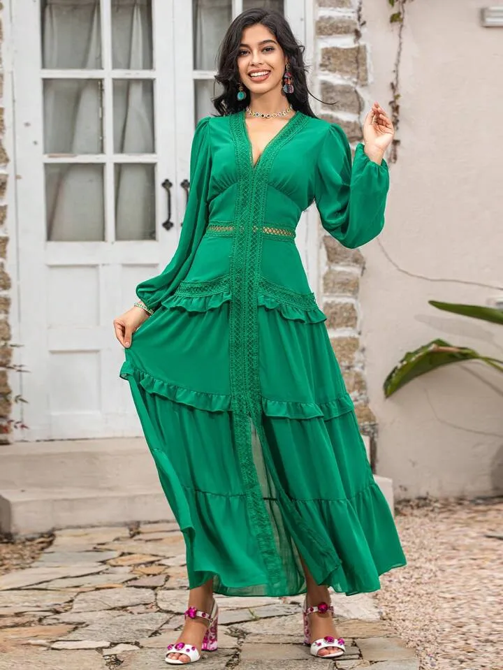 CM-DS217609 Women Elegant Seoul Style V-Neck Lantern Sleeve Hollow Out Ruffle Maxi Dress - Green