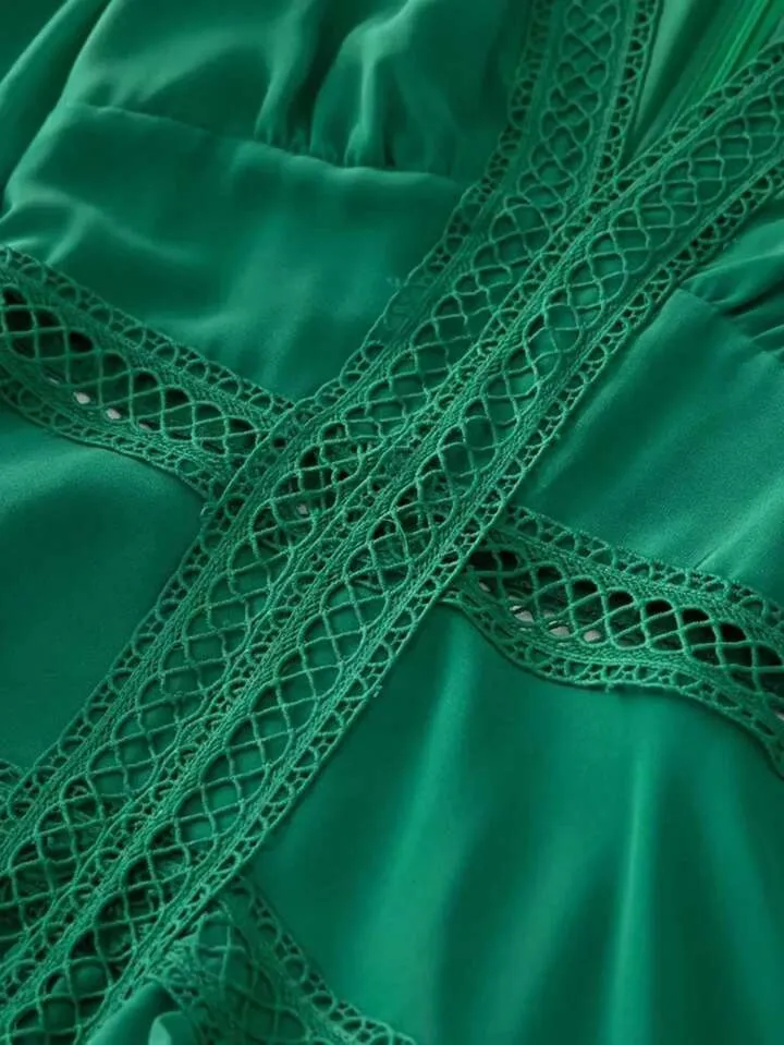 CM-DS217609 Women Elegant Seoul Style V-Neck Lantern Sleeve Hollow Out Ruffle Maxi Dress - Green