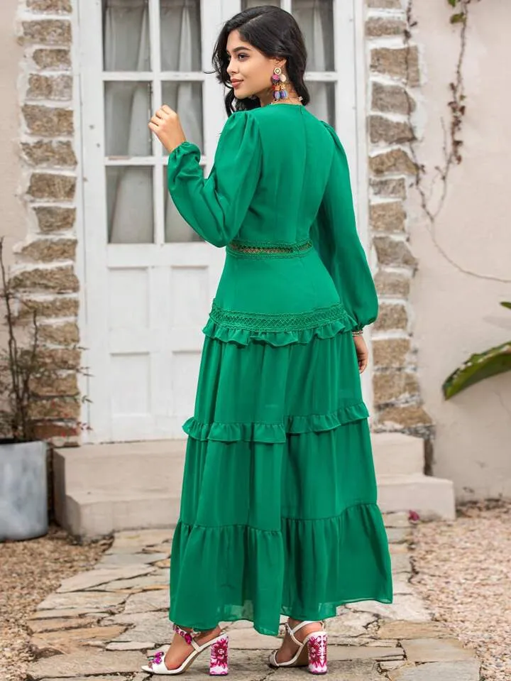 CM-DS217609 Women Elegant Seoul Style V-Neck Lantern Sleeve Hollow Out Ruffle Maxi Dress - Green