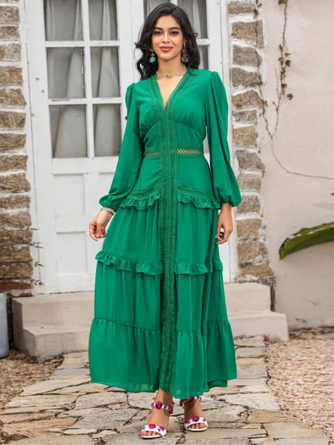 CM-DS217609 Women Elegant Seoul Style V-Neck Lantern Sleeve Hollow Out Ruffle Maxi Dress - Green