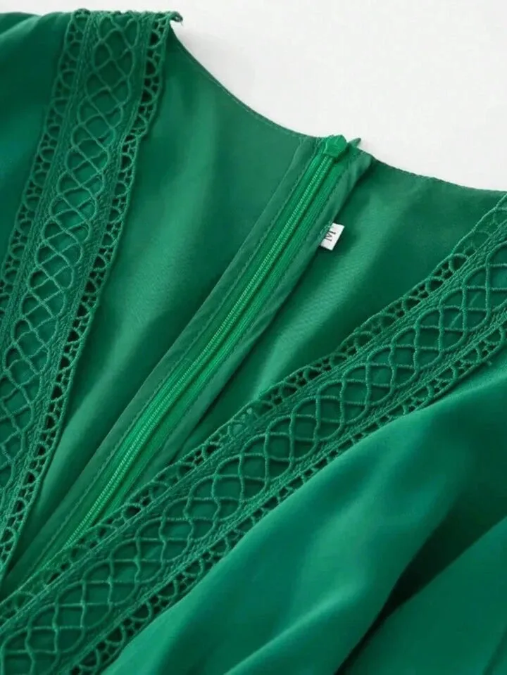 CM-DS217609 Women Elegant Seoul Style V-Neck Lantern Sleeve Hollow Out Ruffle Maxi Dress - Green
