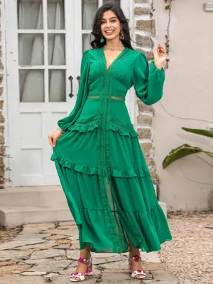 CM-DS217609 Women Elegant Seoul Style V-Neck Lantern Sleeve Hollow Out Ruffle Maxi Dress - Green