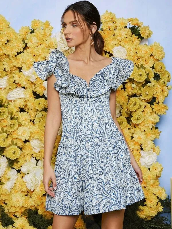 CM-DS224141 Women Trendy Bohemian Style Ruffle Trim Ditsy Floral Dress - Blue
