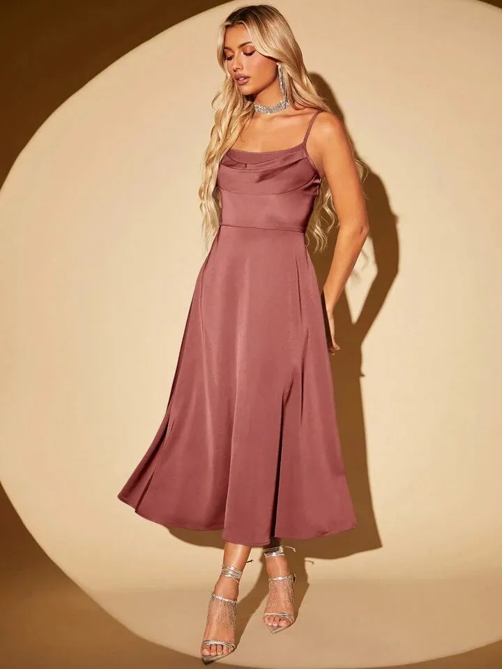 CM-DS260247 Women Elegant Seoul Style Draped Collar Zip Back Cami Dress - Dusty Pink