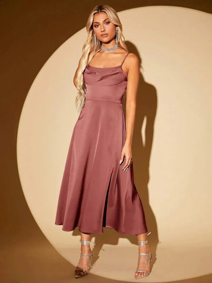 CM-DS260247 Women Elegant Seoul Style Draped Collar Zip Back Cami Dress - Dusty Pink