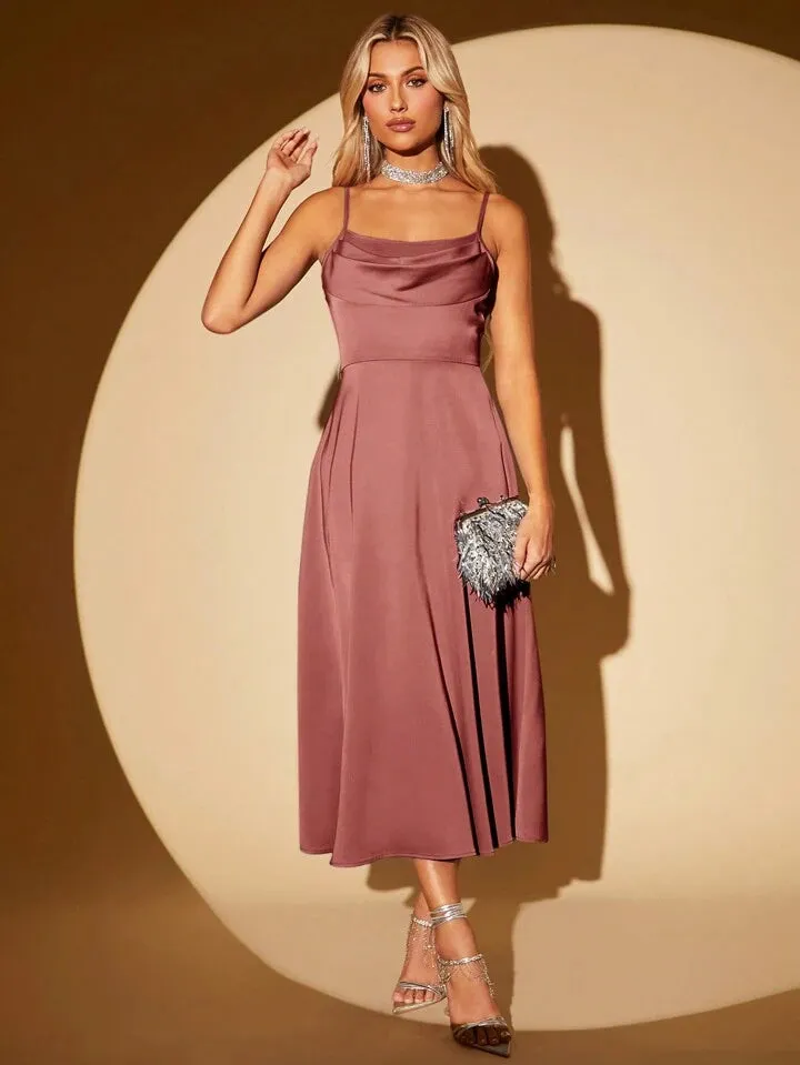 CM-DS260247 Women Elegant Seoul Style Draped Collar Zip Back Cami Dress - Dusty Pink