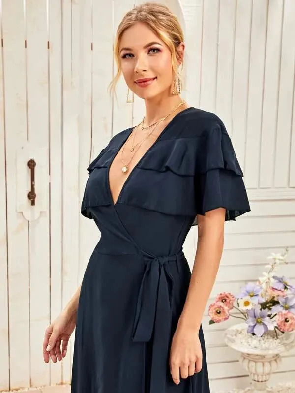 CM-DS305195 Women Elegant European Style Short Sleeve Ruffle Trim Wrap Belted Dress - Navy Blue
