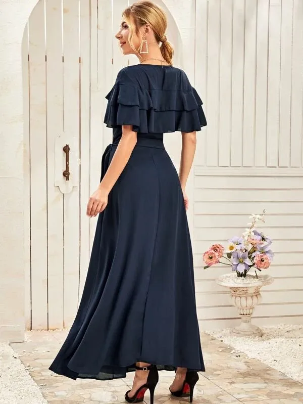 CM-DS305195 Women Elegant European Style Short Sleeve Ruffle Trim Wrap Belted Dress - Navy Blue