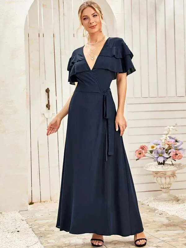 CM-DS305195 Women Elegant European Style Short Sleeve Ruffle Trim Wrap Belted Dress - Navy Blue
