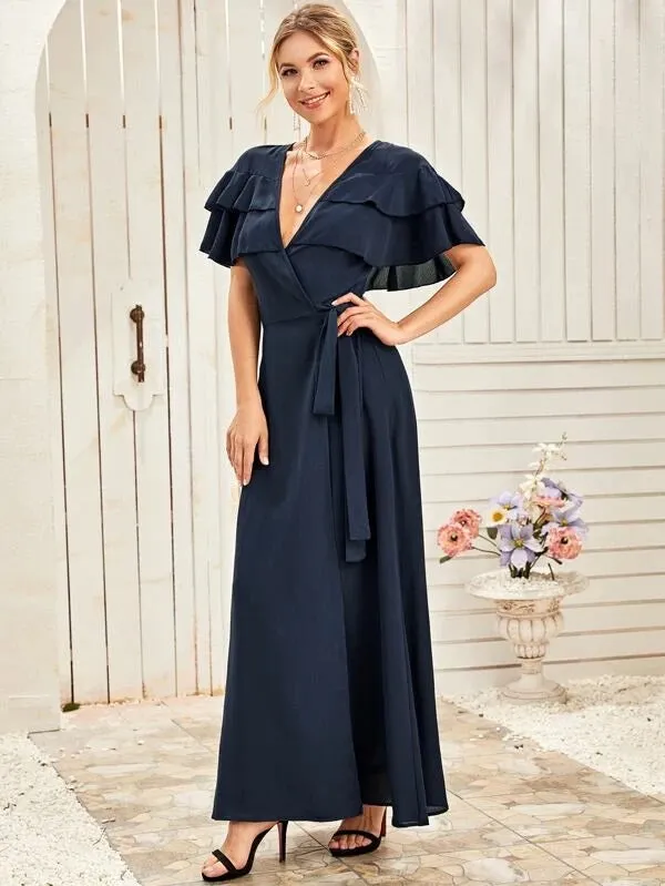 CM-DS305195 Women Elegant European Style Short Sleeve Ruffle Trim Wrap Belted Dress - Navy Blue