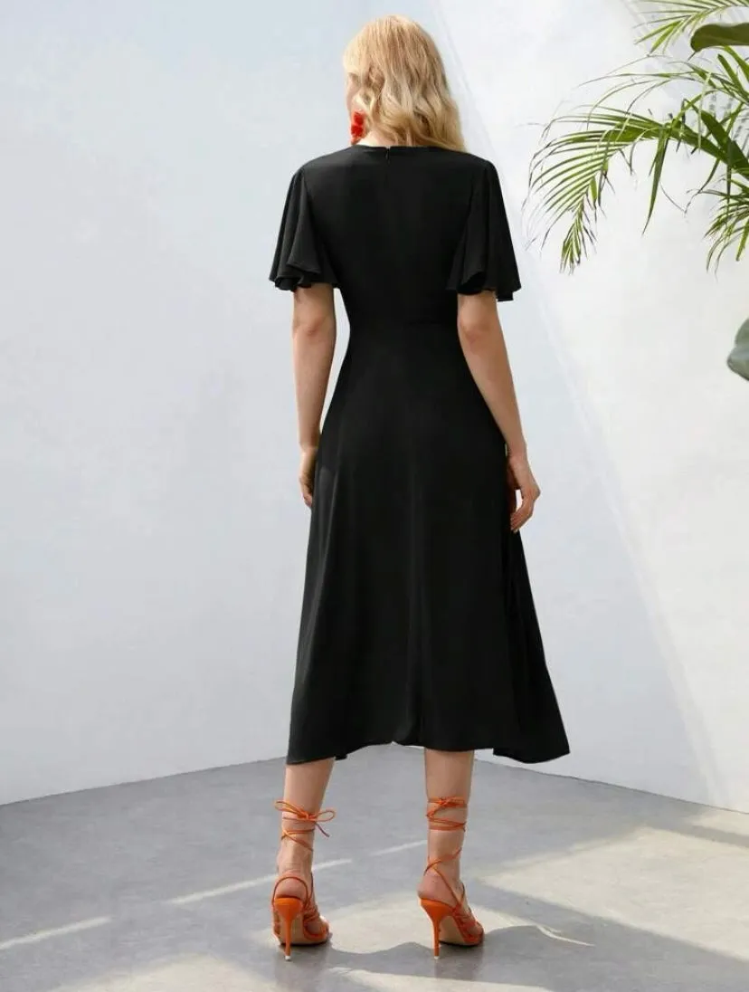 CM-DS347699 Women Elegant Seoul Style Butterfly Sleeve Button Front A-Line Dress - Black