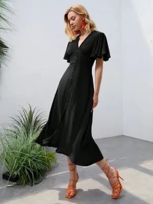 CM-DS347699 Women Elegant Seoul Style Butterfly Sleeve Button Front A-Line Dress - Black
