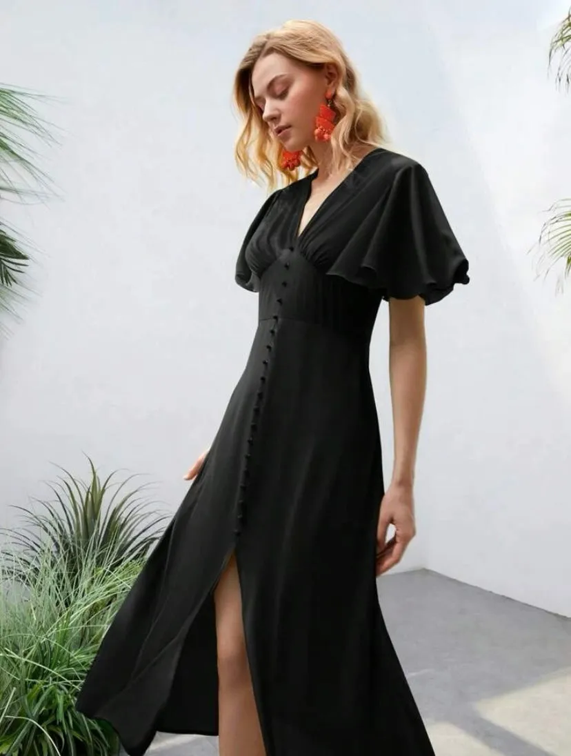 CM-DS347699 Women Elegant Seoul Style Butterfly Sleeve Button Front A-Line Dress - Black