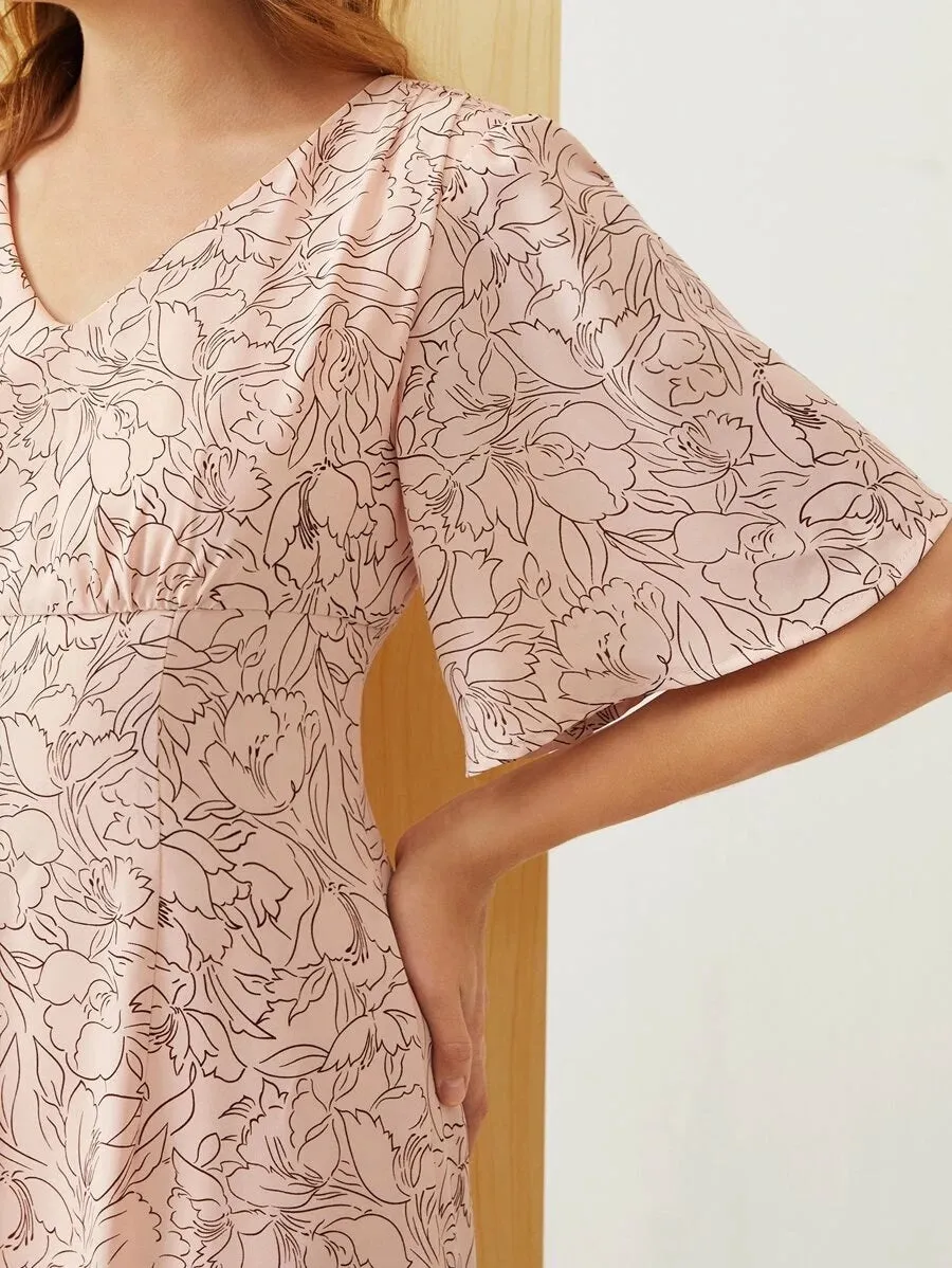 CM-DS414511 Women Trendy Bohemian Style Flounce Sleeve Split Hem Floral Print Dress - Pink