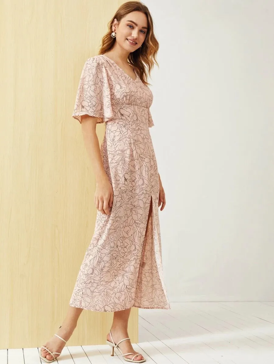 CM-DS414511 Women Trendy Bohemian Style Flounce Sleeve Split Hem Floral Print Dress - Pink