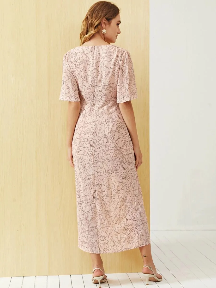 CM-DS414511 Women Trendy Bohemian Style Flounce Sleeve Split Hem Floral Print Dress - Pink