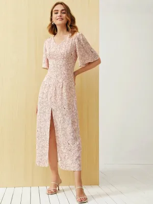 CM-DS414511 Women Trendy Bohemian Style Flounce Sleeve Split Hem Floral Print Dress - Pink