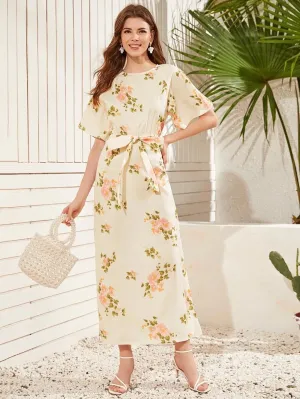 CM-DS416267 Women Elegant Seoul Style Round Neck Open Back Split Hem Floral Long Dress - Beige
