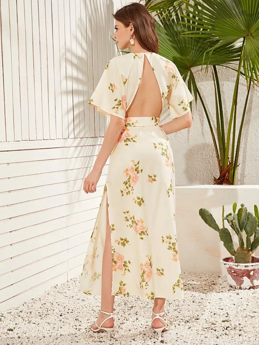 CM-DS416267 Women Elegant Seoul Style Round Neck Open Back Split Hem Floral Long Dress - Beige