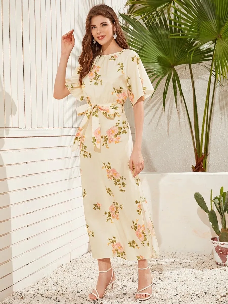 CM-DS416267 Women Elegant Seoul Style Round Neck Open Back Split Hem Floral Long Dress - Beige