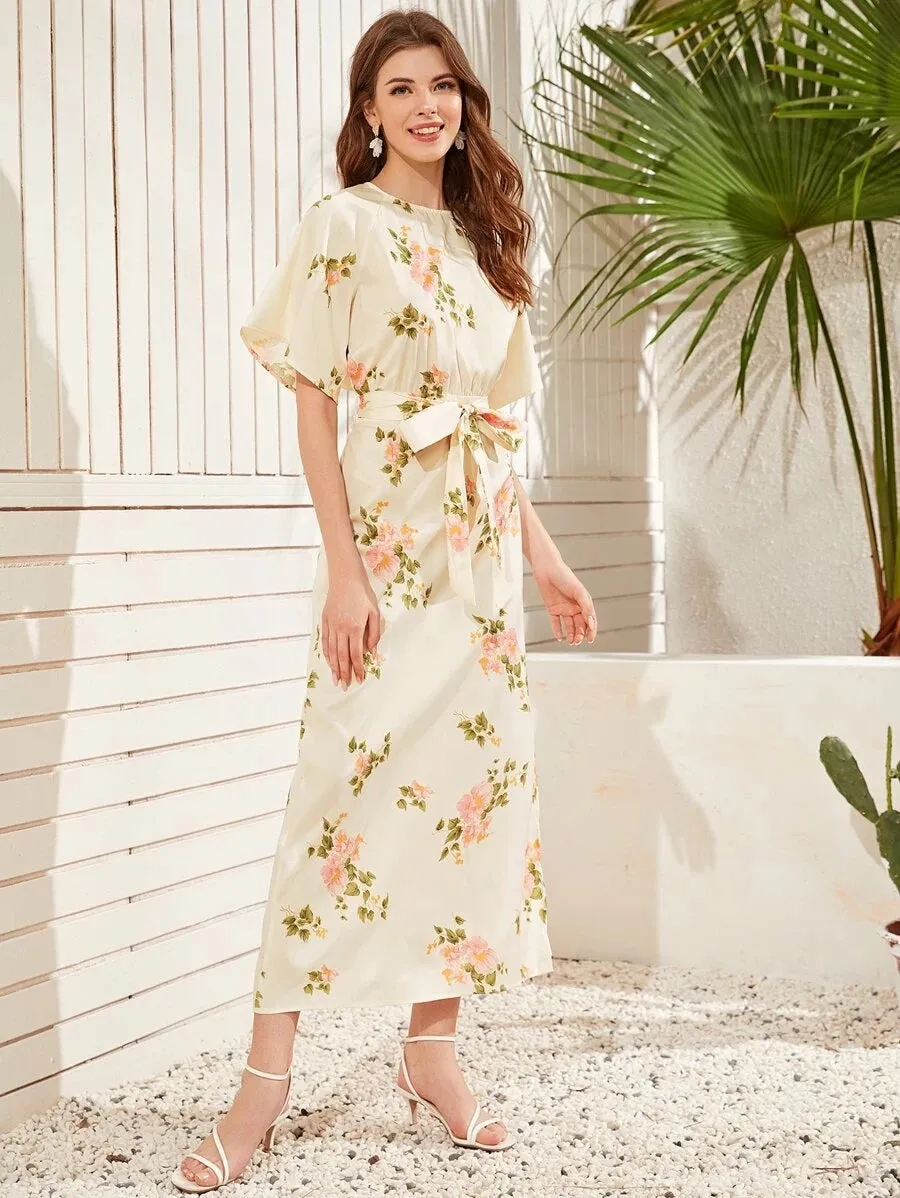 CM-DS416267 Women Elegant Seoul Style Round Neck Open Back Split Hem Floral Long Dress - Beige