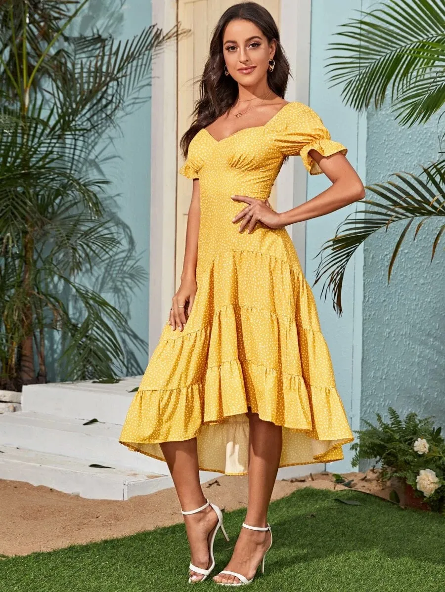 CM-DS424128 Women Casual Seoul Style Sweetheart Neck All Over Print A-Line Dress - Yellow