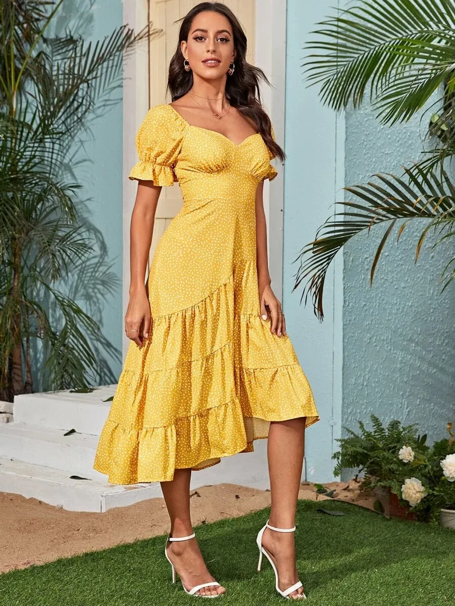 CM-DS424128 Women Casual Seoul Style Sweetheart Neck All Over Print A-Line Dress - Yellow