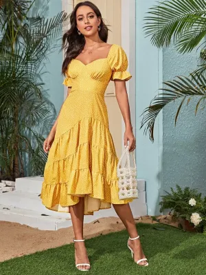 CM-DS424128 Women Casual Seoul Style Sweetheart Neck All Over Print A-Line Dress - Yellow