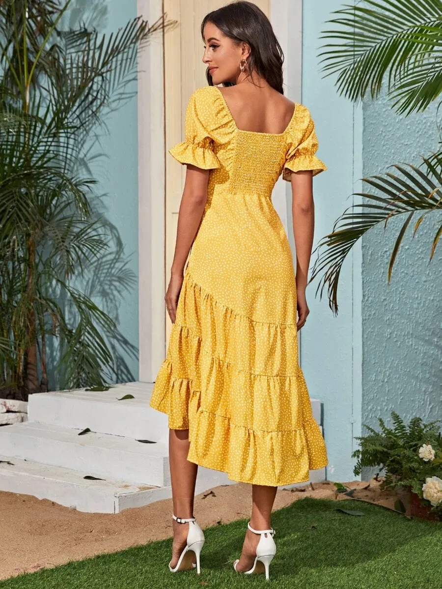 CM-DS424128 Women Casual Seoul Style Sweetheart Neck All Over Print A-Line Dress - Yellow