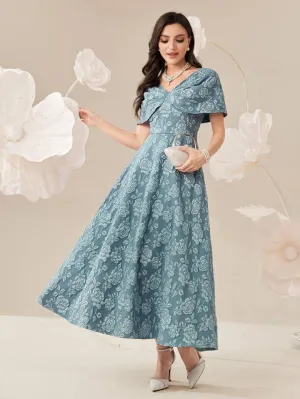 CM-DS436632 Women Elegant Seoul Style V-Neck Short Sleeve High Waist A-Line Dress - Blue