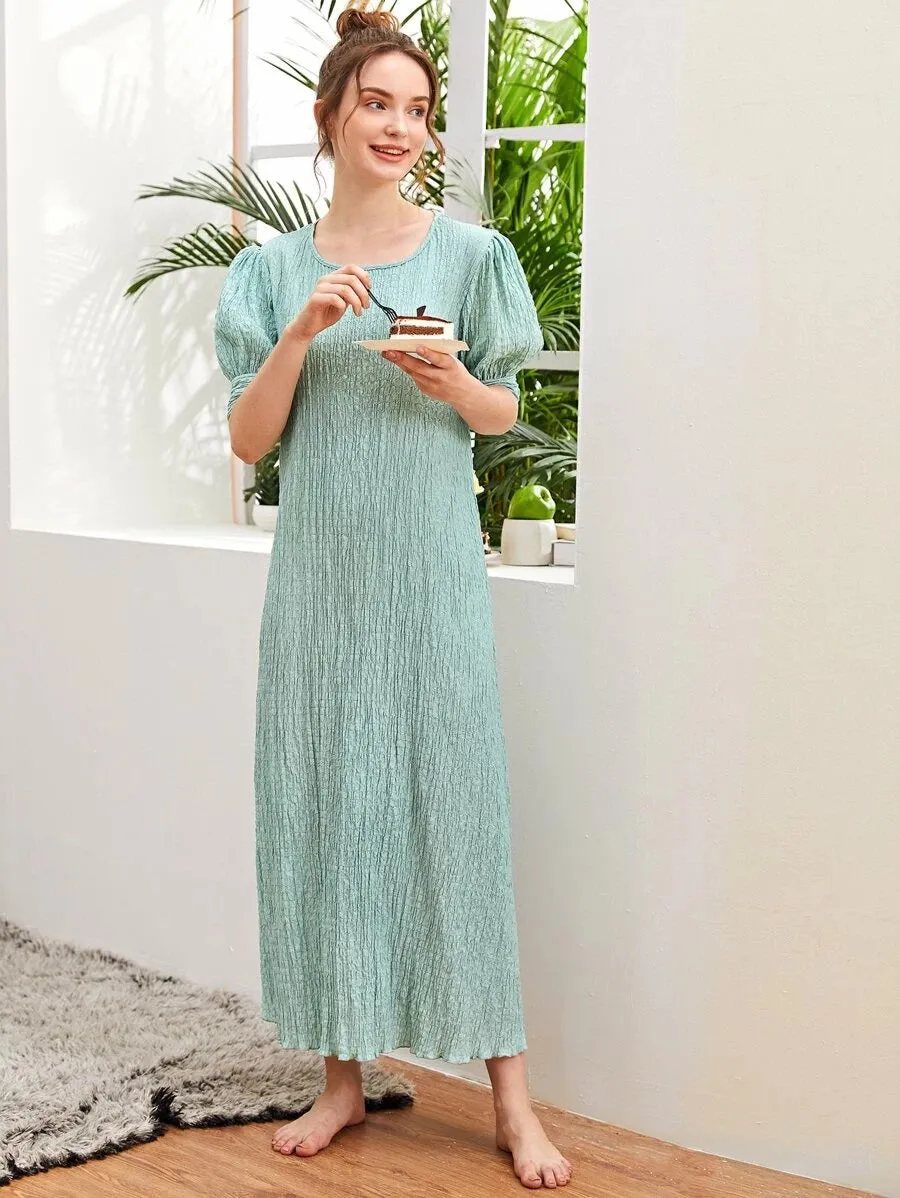 CM-DS507410 Women Casual Seoul Style Round Neck Puff Sleeve Lettuce Trim Tunic Dress - Mint Green